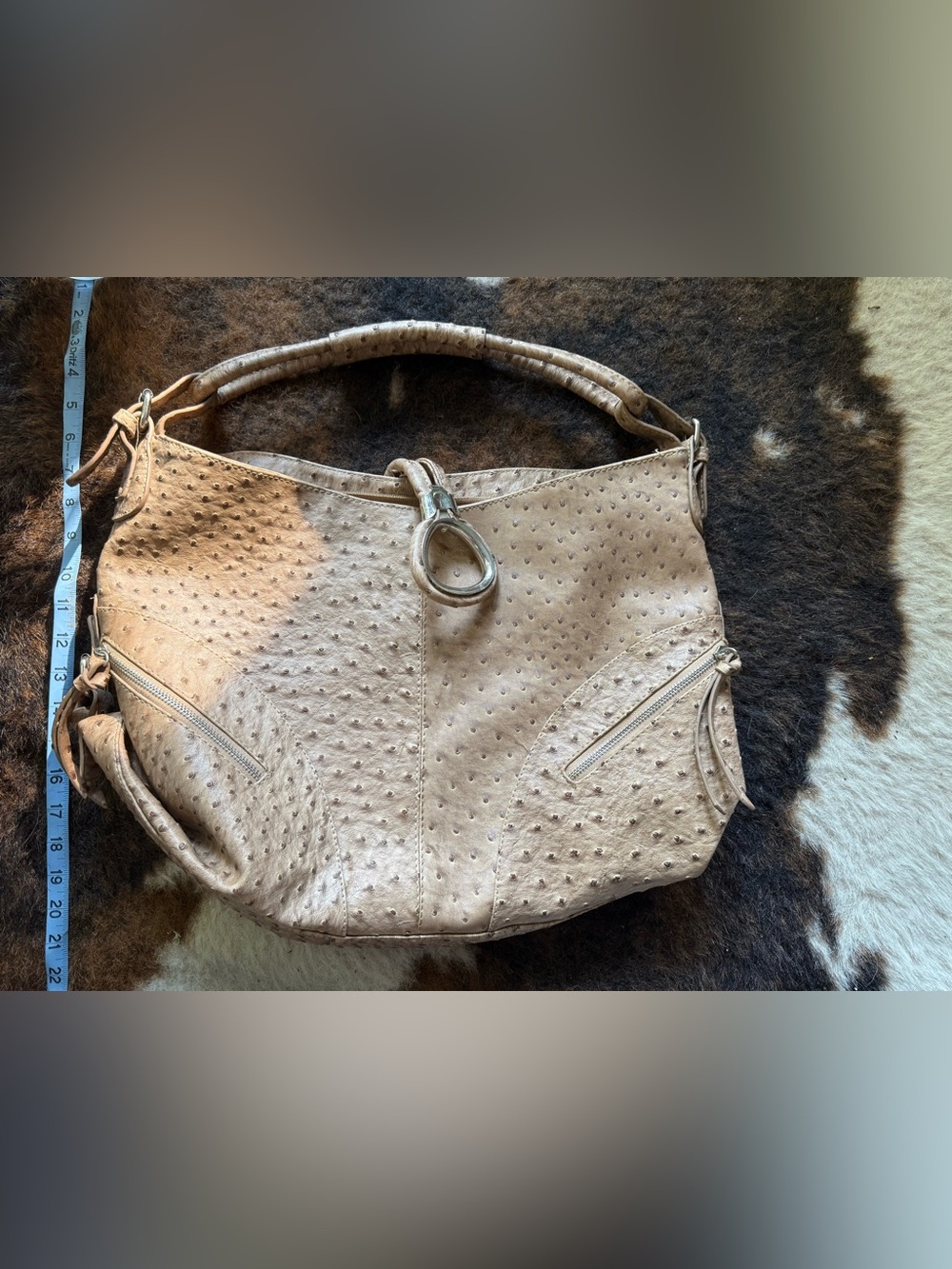 Taupe Ostrich-Effect Hobo Shoulder Bag - Unbranded